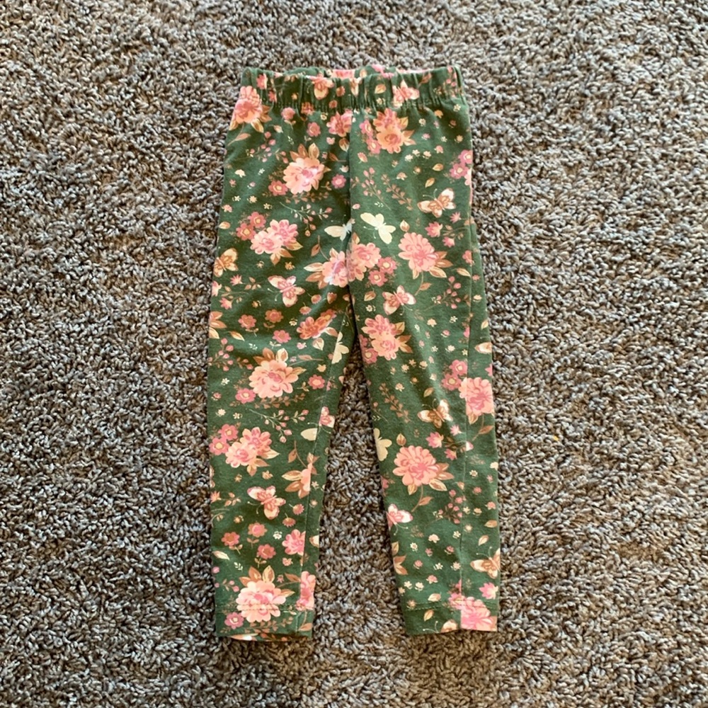 Little Lass Green Flower and Butterfly Leggings Size 12 Months EUC